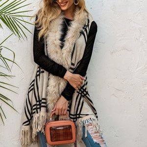 Plaid Fringe Hem Fur Trim Open Cardigan Vest